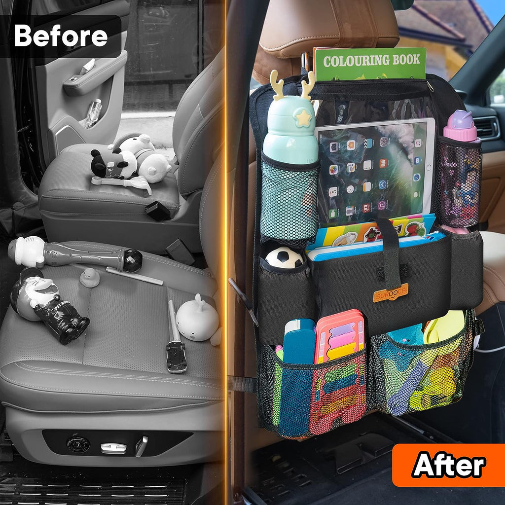 SURDOCA Car Organizers and Storage - Car Seat Organizer with 10.5-inch Clear Tablet Pocket, 4th Generation Backseat Car Organizer with 9 Pockets, Car Accessories for Kids, 2 Pack