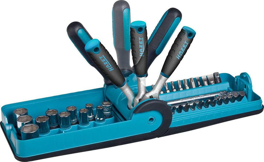 HAZET HiPer 863HP Fine Tooth Reversible Ratchet Set and 1/4 Inch Socket Handle, 10 Sockets, 21 Bits, Various Extensions and Adaptors 856-1HP, Black/Blue