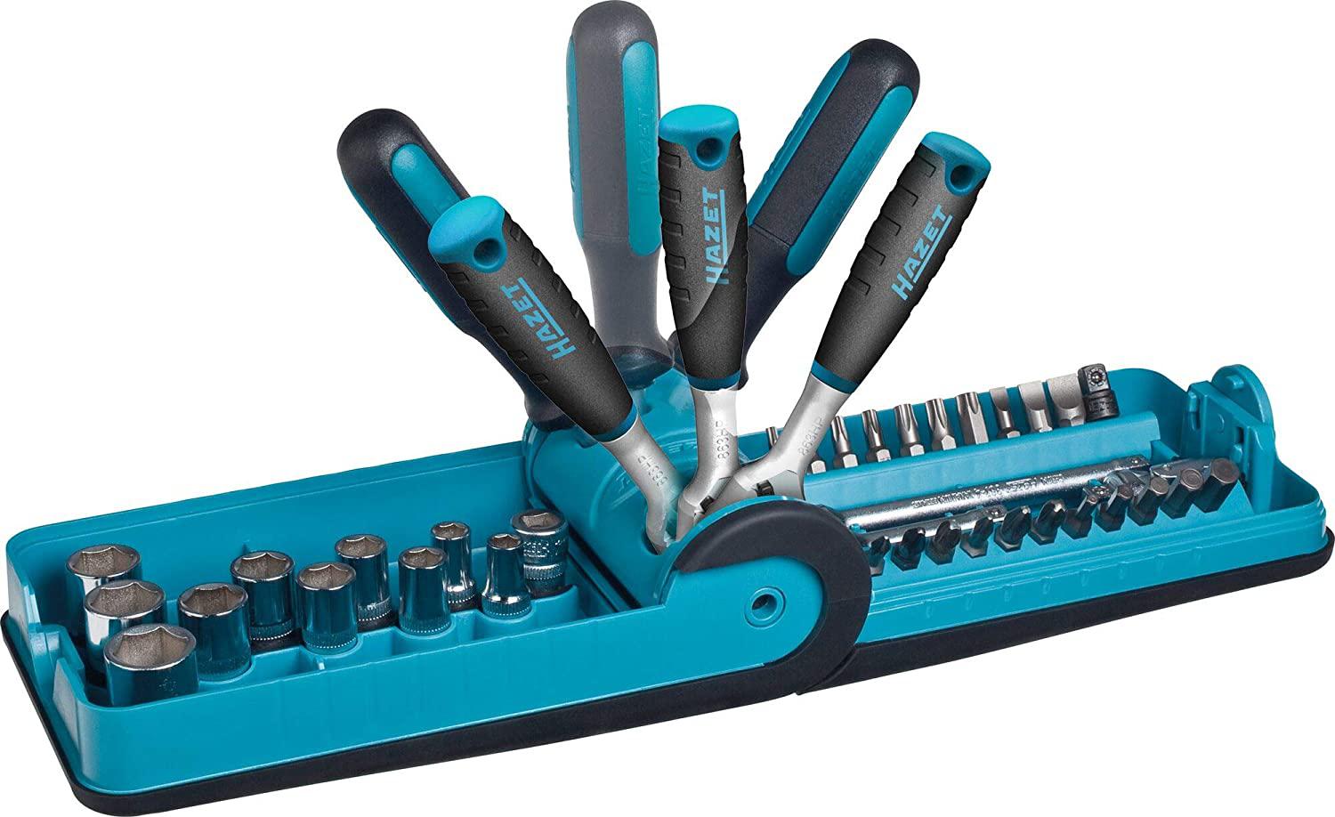 HAZET HiPer 863HP Fine Tooth Reversible Ratchet Set and 1/4 Inch Socket Handle, 10 Sockets, 21 Bits, Various Extensions and Adaptors 856-1HP, Black/Blue