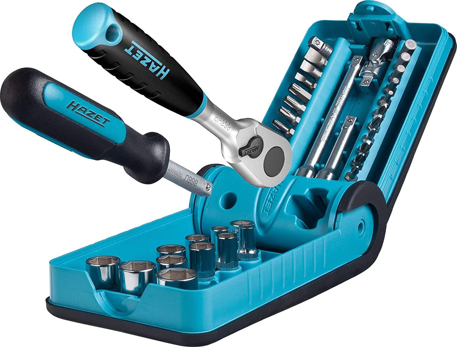 HAZET HiPer 863HP Fine Tooth Reversible Ratchet Set and 1/4 Inch Socket Handle, 10 Sockets, 21 Bits, Various Extensions and Adaptors 856-1HP, Black/Blue