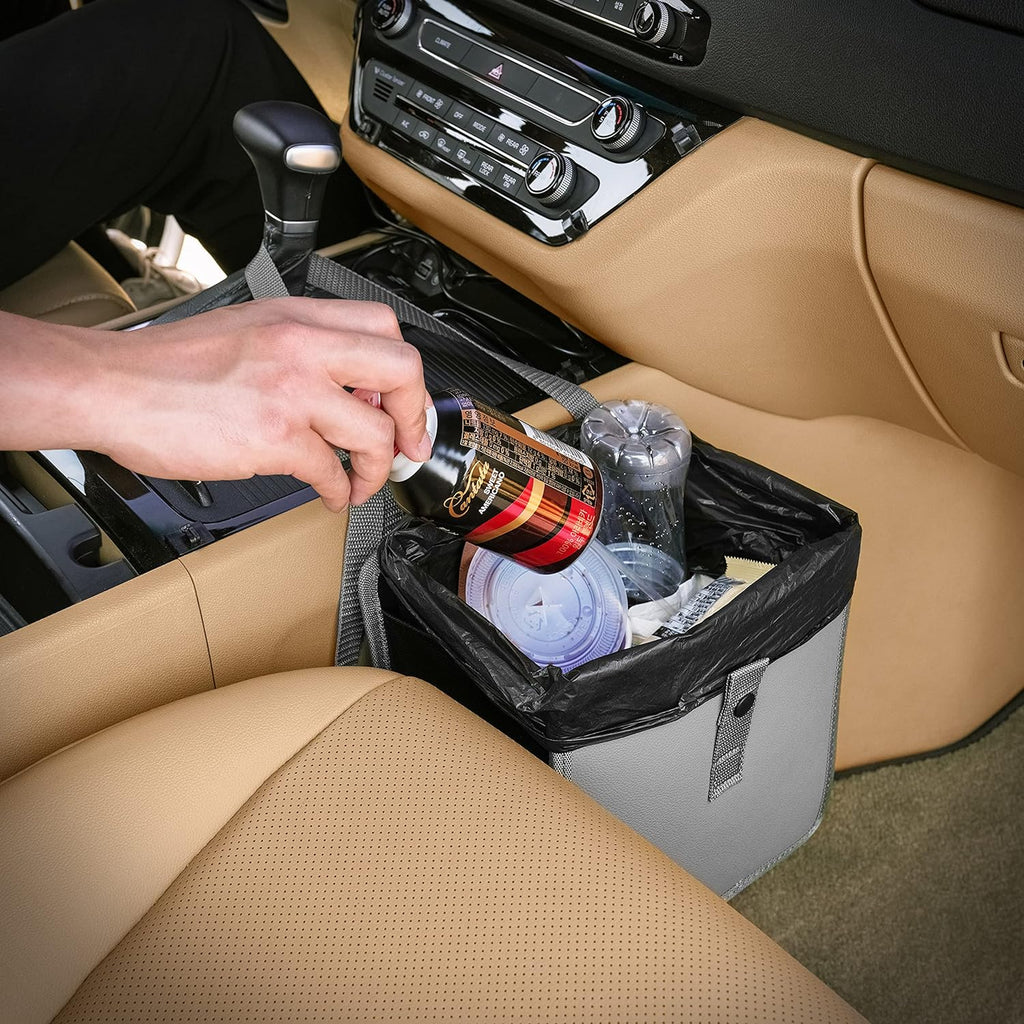 KMMOTORS Foldable hanging Car trash Can, Car Trash Bag, Car Trash bin, Vegan Leather and Oxford Clothes Car Organizer, cute car gadgets (Medium, Gray)