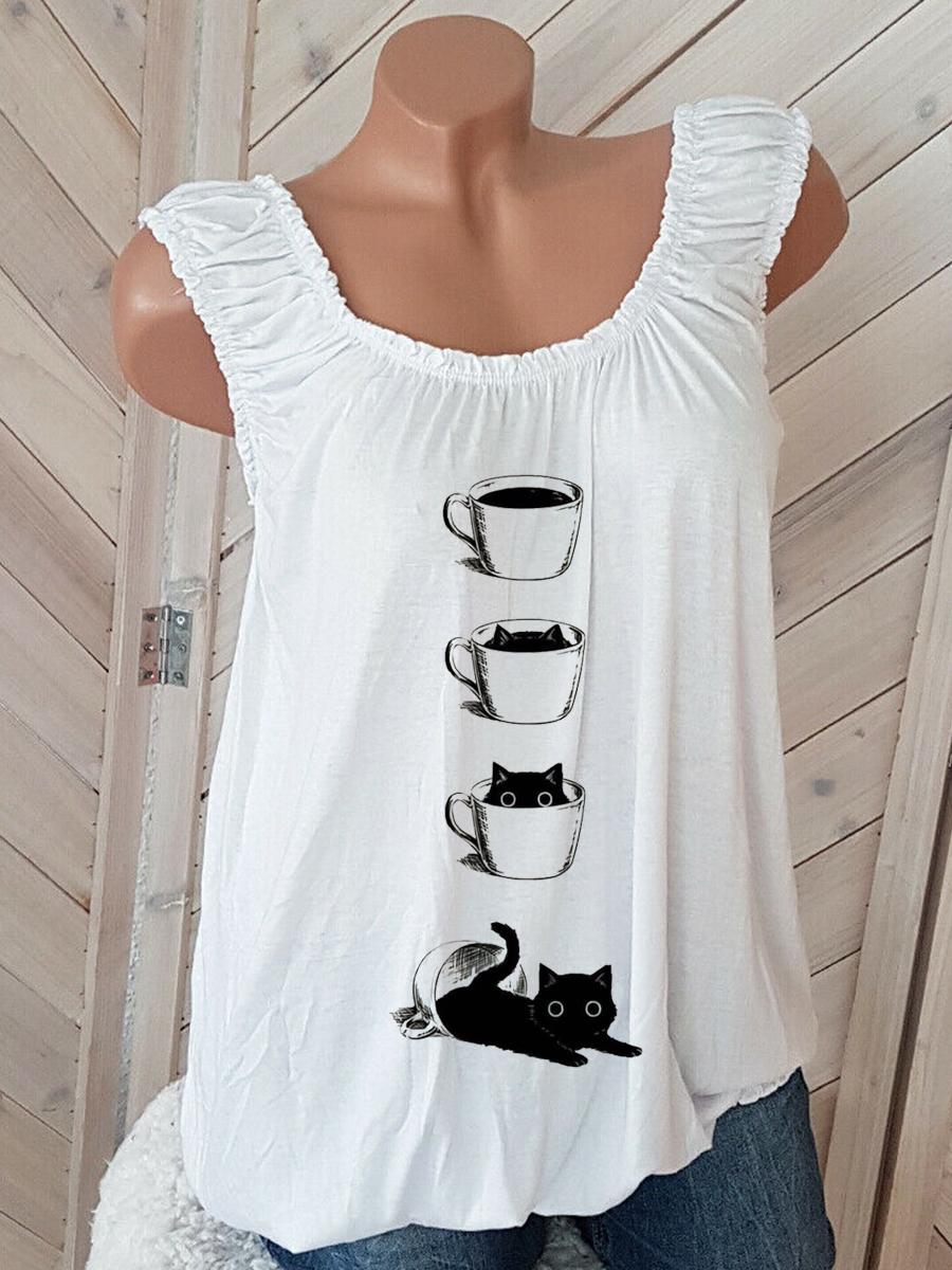Cat Print Sleeveless T-shirt