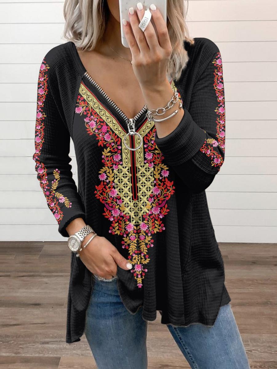 Casual Zipper Retro Printed Long-sleeved T-shirt