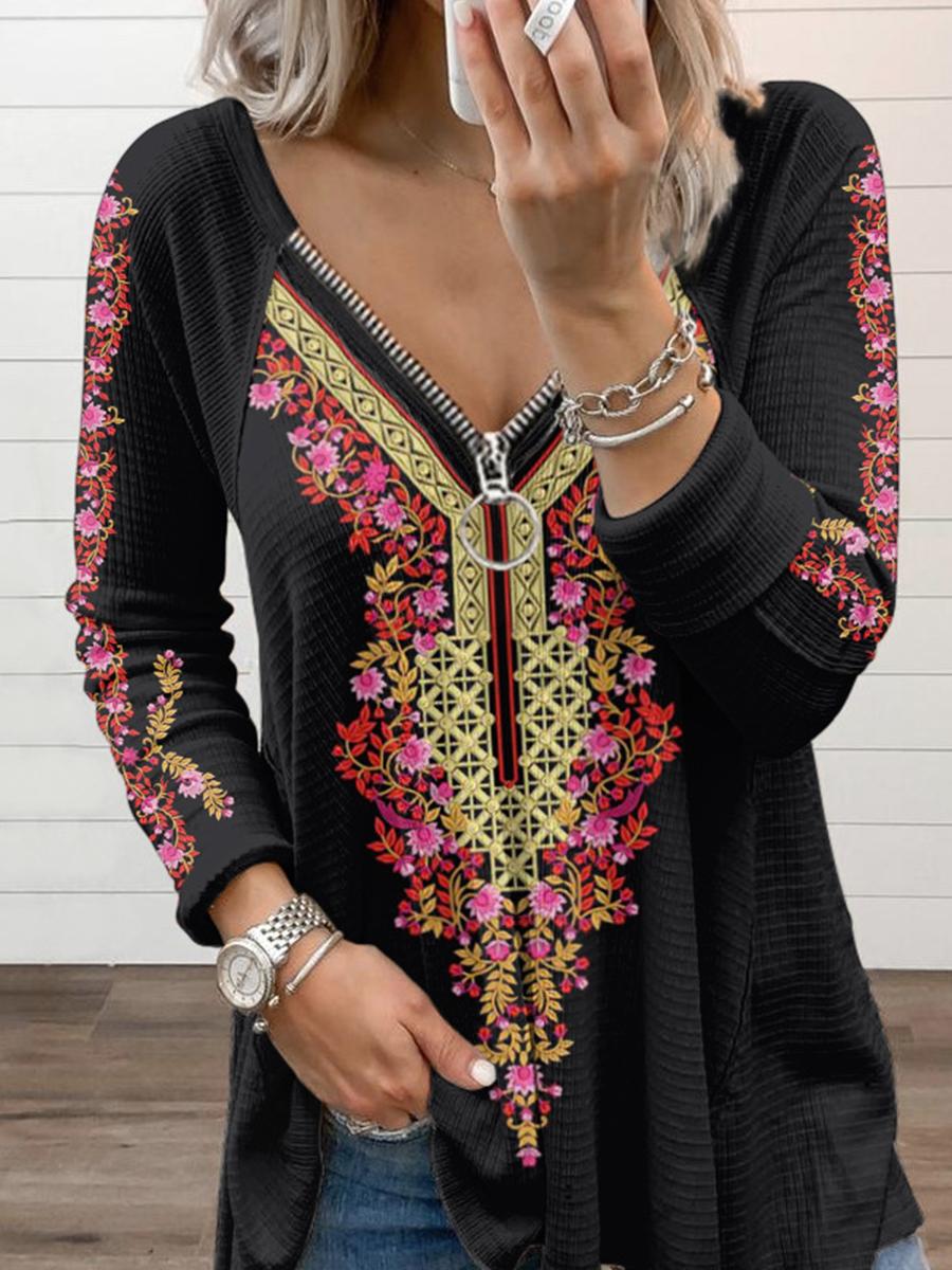 Casual Zipper Retro Printed Long-sleeved T-shirt