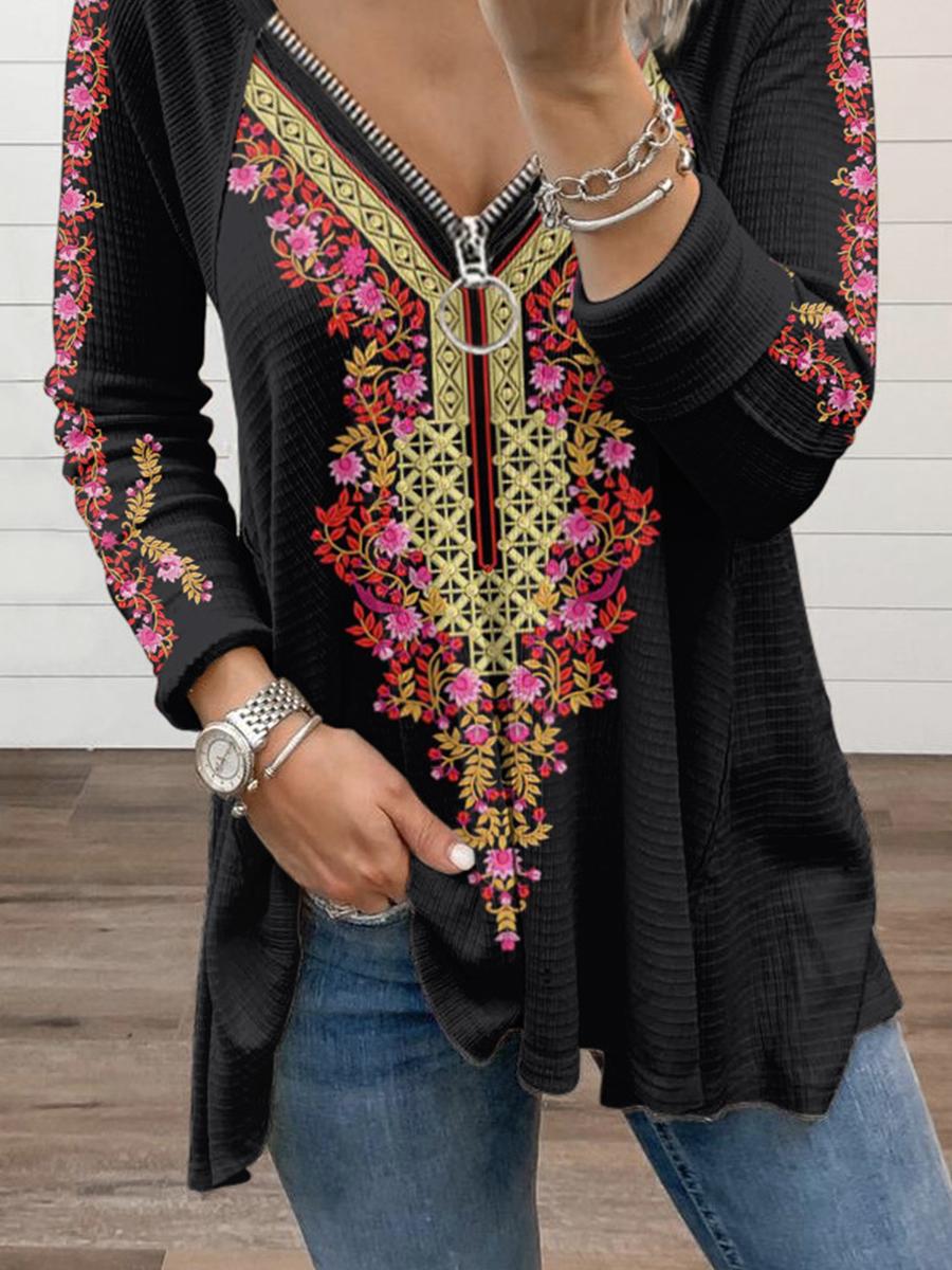 Casual Zipper Retro Printed Long-sleeved T-shirt