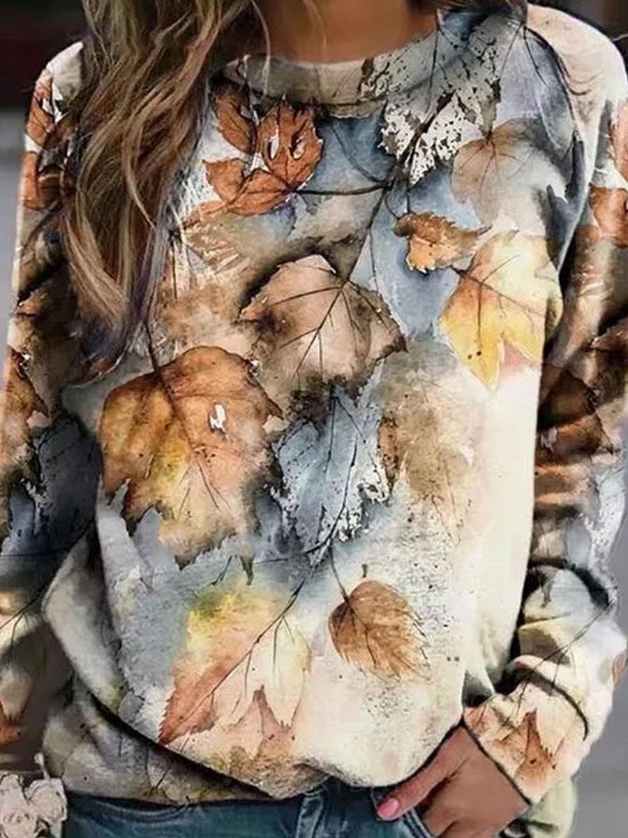 Round Neck Loose Casual Leaf Print Sweatshirt