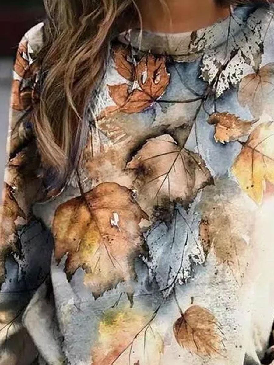 Round Neck Loose Casual Leaf Print Sweatshirt