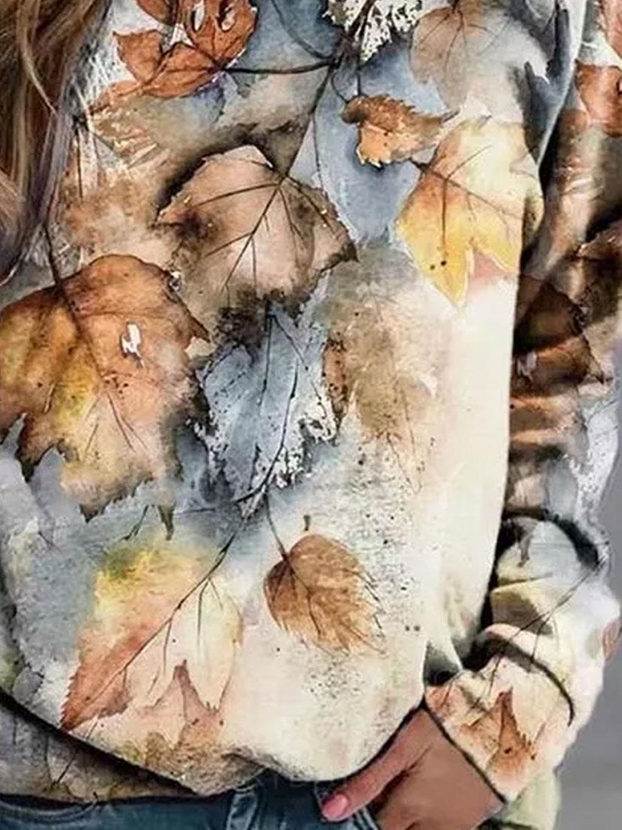 Round Neck Loose Casual Leaf Print Sweatshirt
