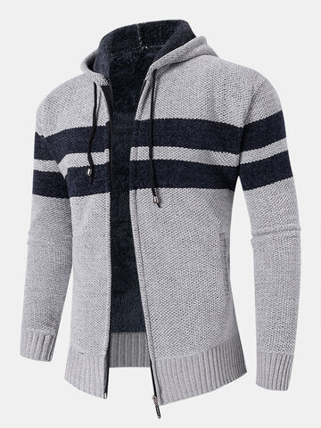 mens wide striped knit zip up plush lined thick hooded cardigans