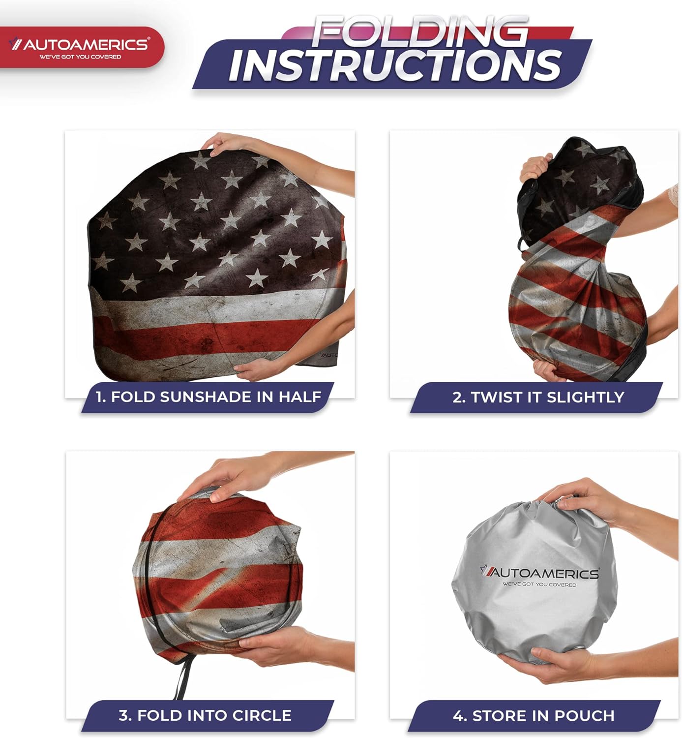Autoamerics 1-Piece Windshield Sun Shade Grunge American Flag - 1 USA  - Foldable Car Front Window Sunshade for Most Sedans SUV Truck - Blocks Max UV Rays and Keeps Your Vehicle Cool - Medium