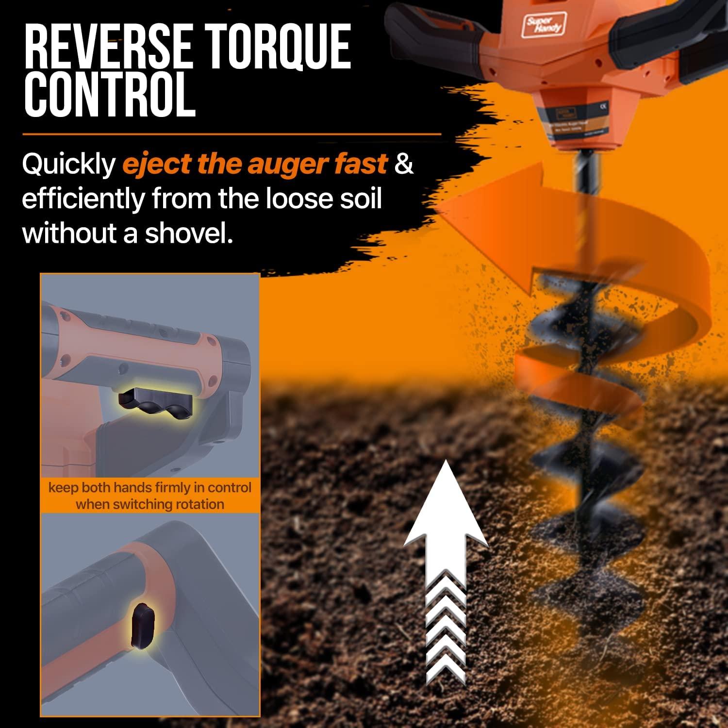 SuperHandy Earth Auger Power Head w/Steel 6"x30" Bit Ultra Duty Electric Cordless Lithium-Ion Battery & Charger for Earth Burrowing/Drilling & Post Hole Digging (Earth Auger 6" Set)