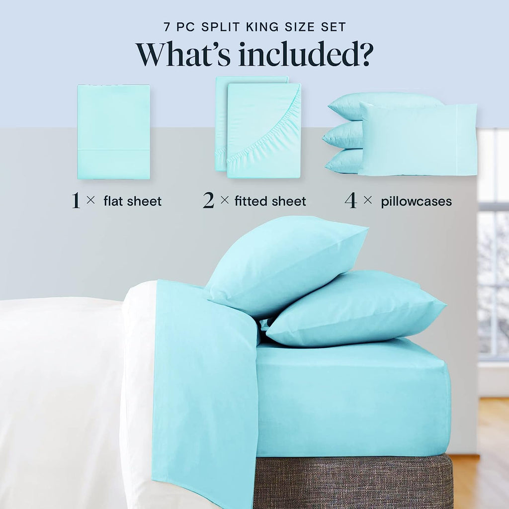 LuxClub 7 PC Split King Sheet Set Bamboo Sheets Deep Pockets 18" Eco Friendly Wrinkle Free Cooling Sheets Machine Washable Hotel Bedding Silky Soft - Aqua Split King