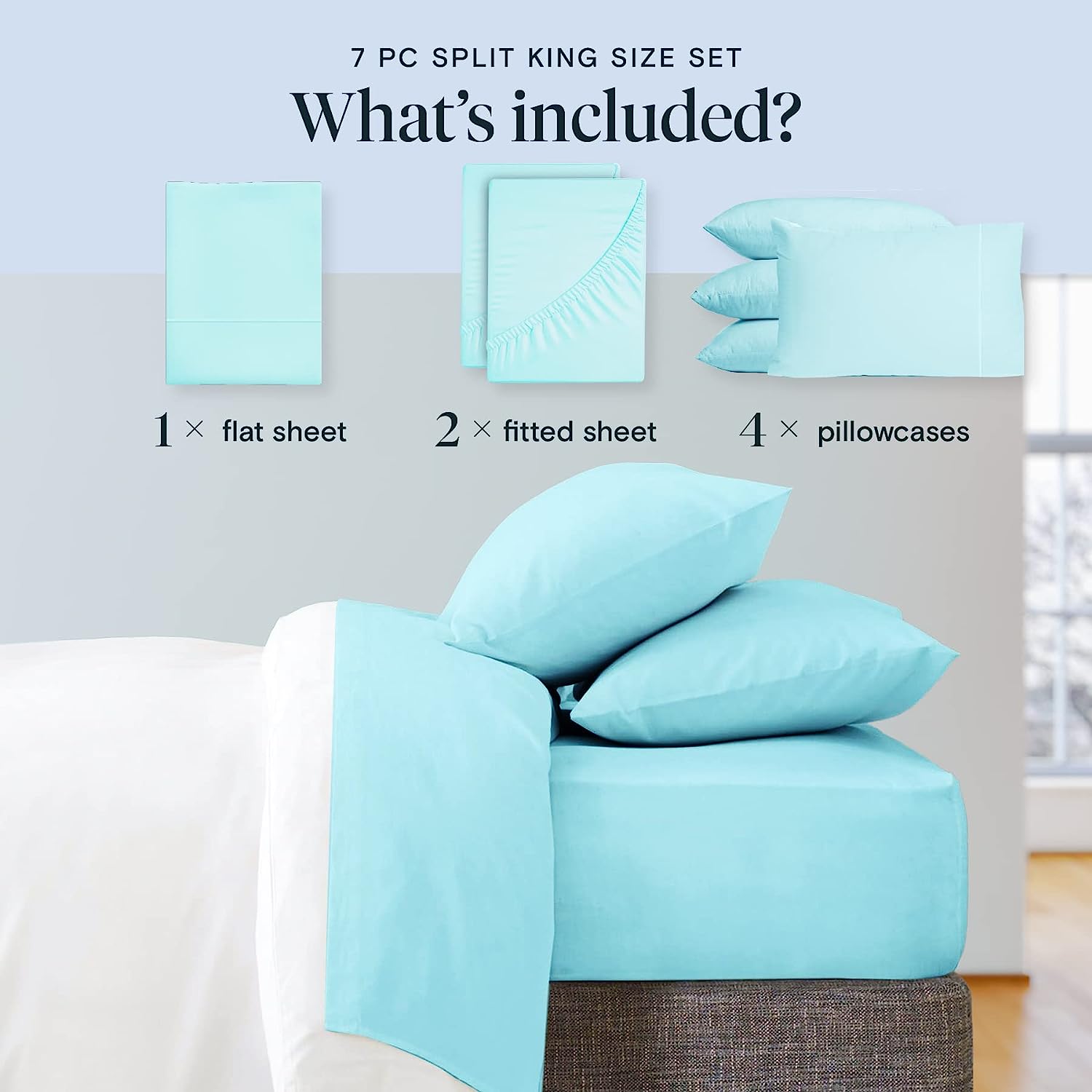 LuxClub 7 PC Split King Sheet Set Bamboo Sheets Deep Pockets 18" Eco Friendly Wrinkle Free Cooling Sheets Machine Washable Hotel Bedding Silky Soft - Aqua Split King