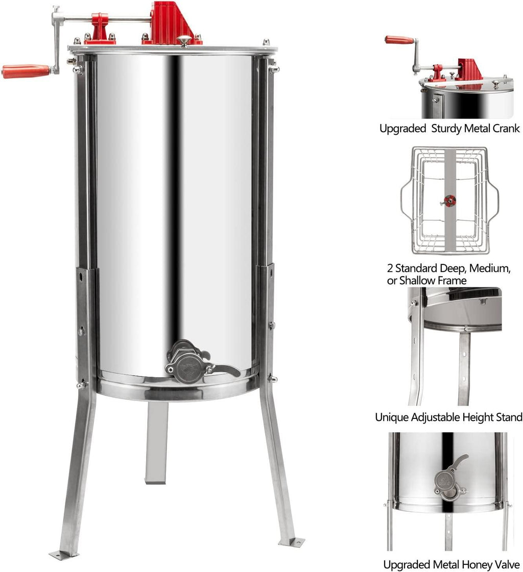 2 Frames Manual Honey Extractor Separator, Food Grade  Steel Honeycomb Spinner Drum Crank by Hand with Adjustable Height Stands, Beekeeping Pro Extraction Apiary CentrifuEquipment