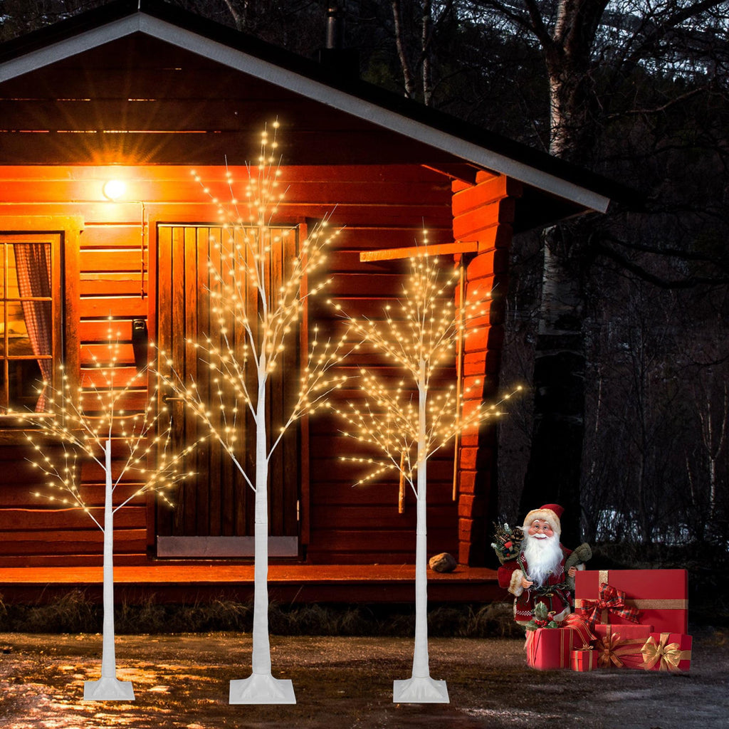 Pre-lit Christmas Tree Set of 3, White Birch Tree with LED Lights and Stand, Christmas Decorations for Indoor Outdoor Party, 6ft 5ft 4ft