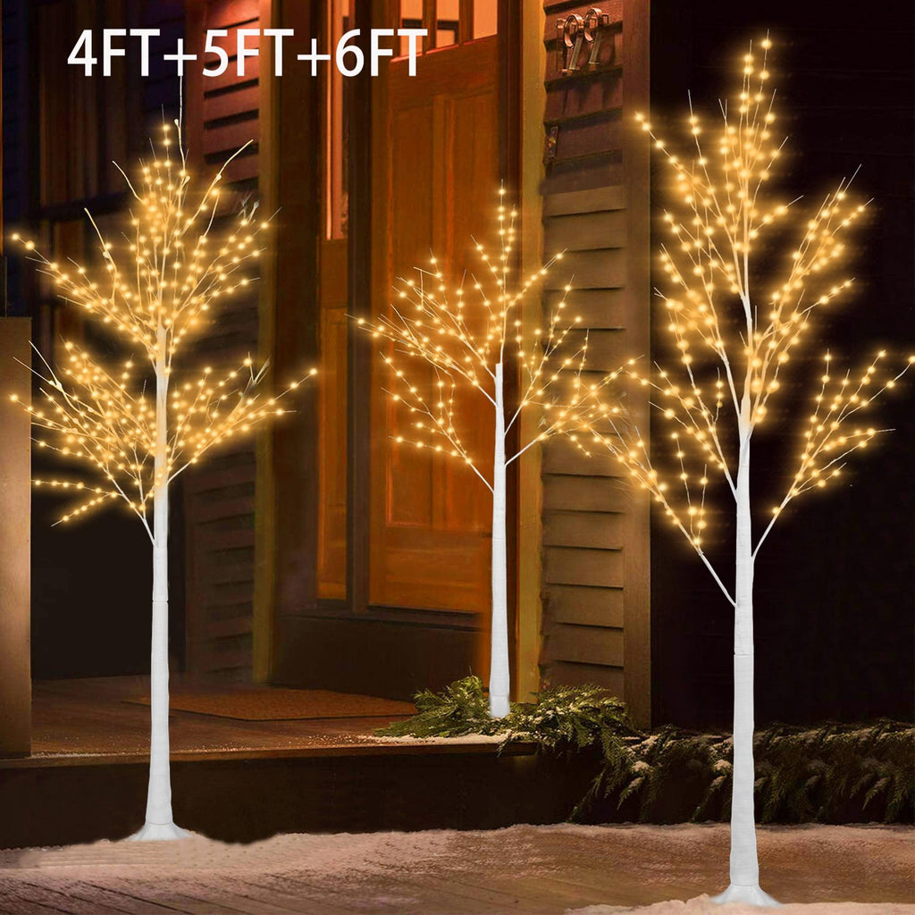 Pre-lit Christmas Tree Set of 3, White Birch Tree with LED Lights and Stand, Christmas Decorations for Indoor Outdoor Party, 6ft 5ft 4ft