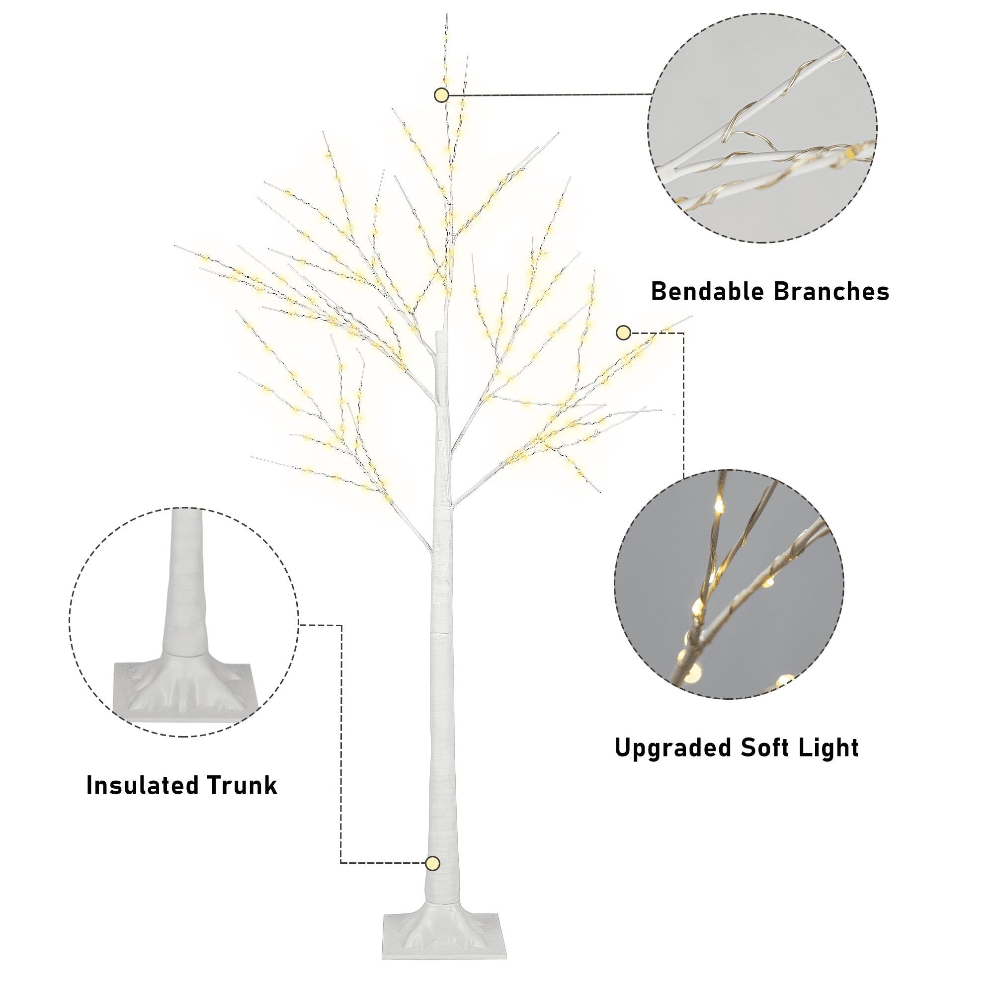 Pre-lit Christmas Tree Set of 3, White Birch Tree with LED Lights and Stand, Christmas Decorations for Indoor Outdoor Party, 6ft 5ft 4ft