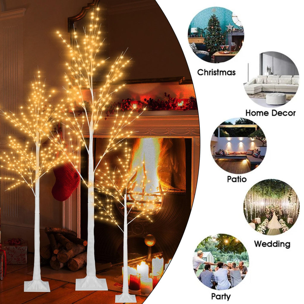 Pre-lit Christmas Tree Set of 3, White Birch Tree with LED Lights and Stand, Christmas Decorations for Indoor Outdoor Party, 6ft 5ft 4ft