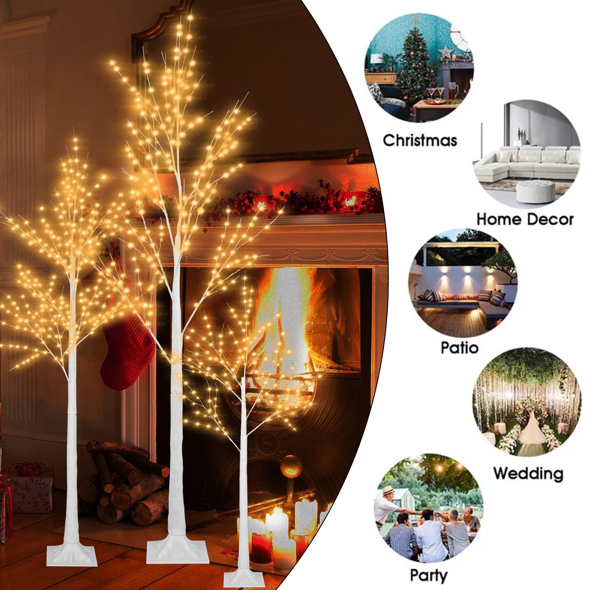 Pre-lit Christmas Tree Set of 3, White Birch Tree with LED Lights and Stand, Christmas Decorations for Indoor Outdoor Party, 6ft 5ft 4ft