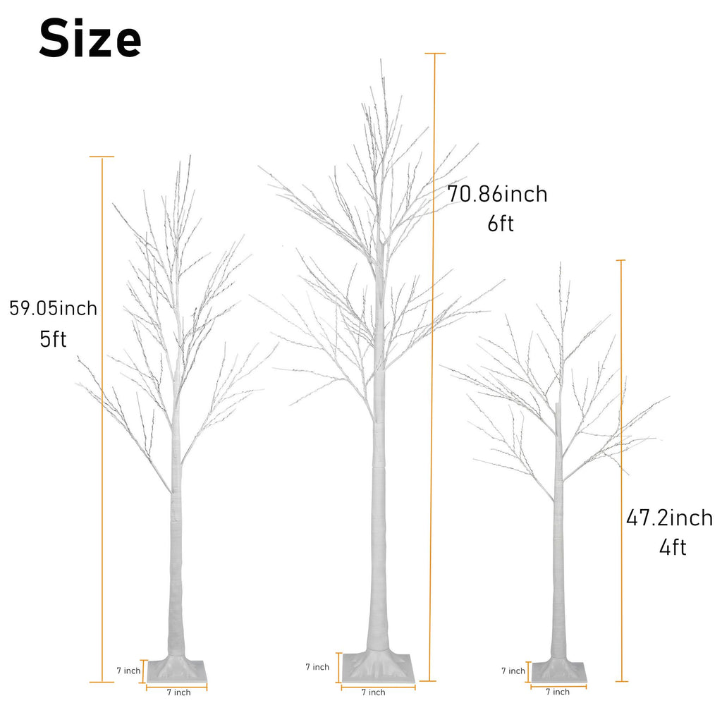 Pre-lit Christmas Tree Set of 3, White Birch Tree with LED Lights and Stand, Christmas Decorations for Indoor Outdoor Party, 6ft 5ft 4ft