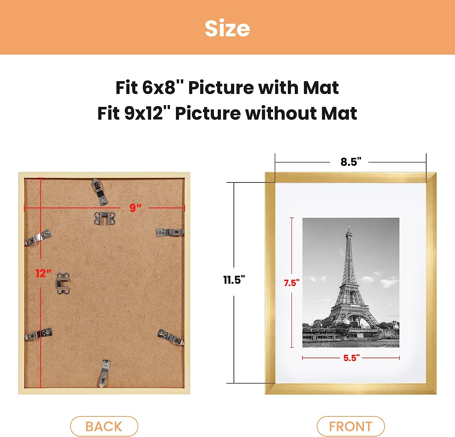 upsimples 9x12 Picture Frame Set of 5,Display Pictures 6x8 with Mat or 9x12 Without Mat,Wall Gallery Photo Frames, Gold