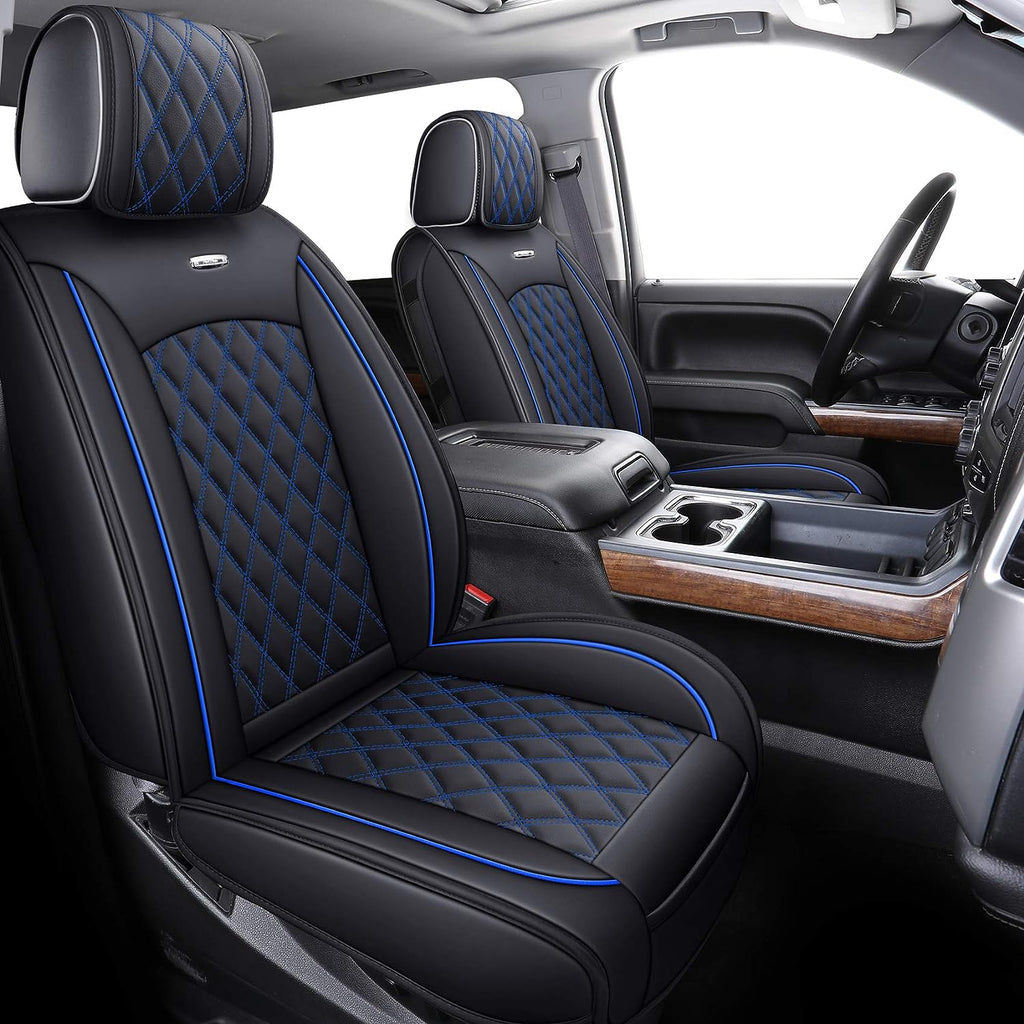Aierxuan Chevy Silverado GMC Sierra Car Seat Covers Pickup Trail Boss Z71 Custom Fit 2007-2024 1500 2500HD 3500HD Crew Double Extended Cab Waterproof Leather Cushions (2 PCS Front, Black-Blue)