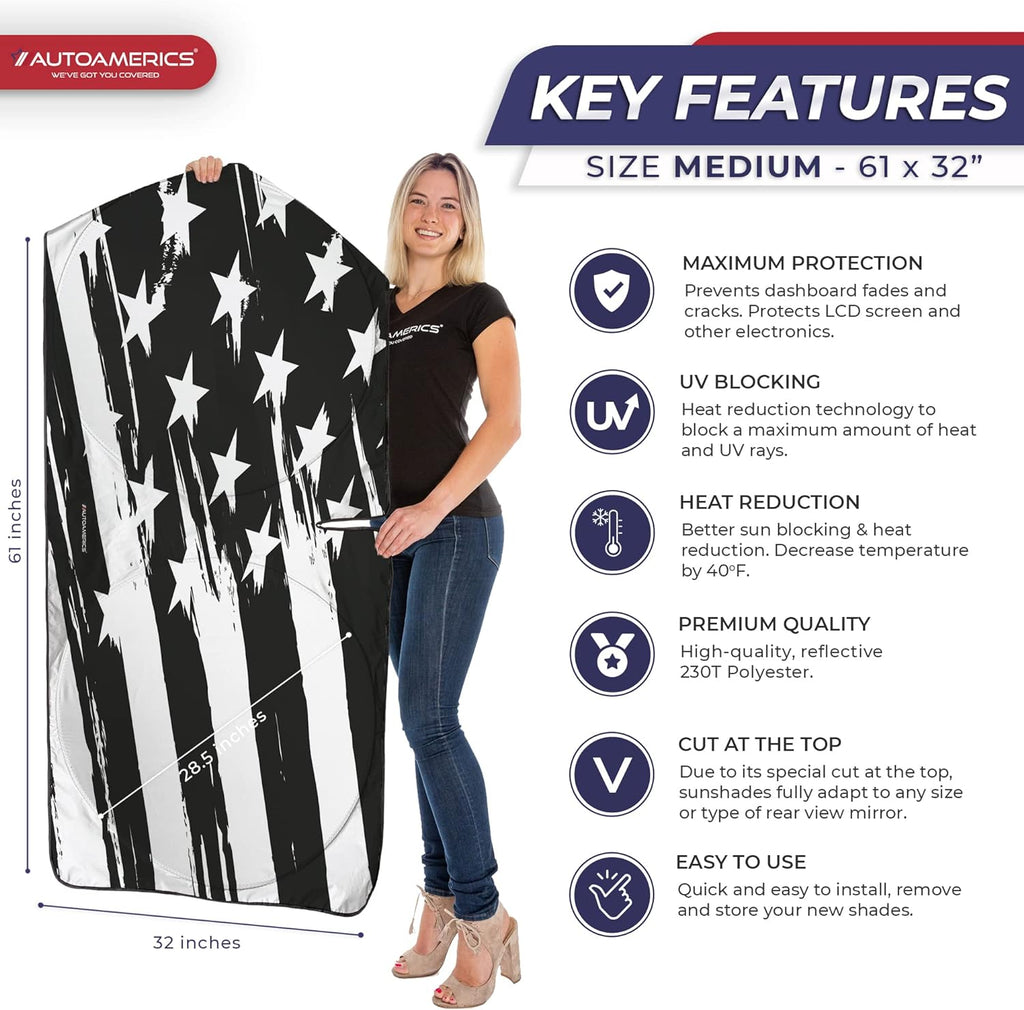 Autoamerics 1-Piece Windshield Sun Shade B&amp;W Art American Flag USA  - Foldable Car Front Window Sunshade for Most Sedans SUV Truck - Blocks Max UV Rays and Keeps Your Vehicle Cool - Medium