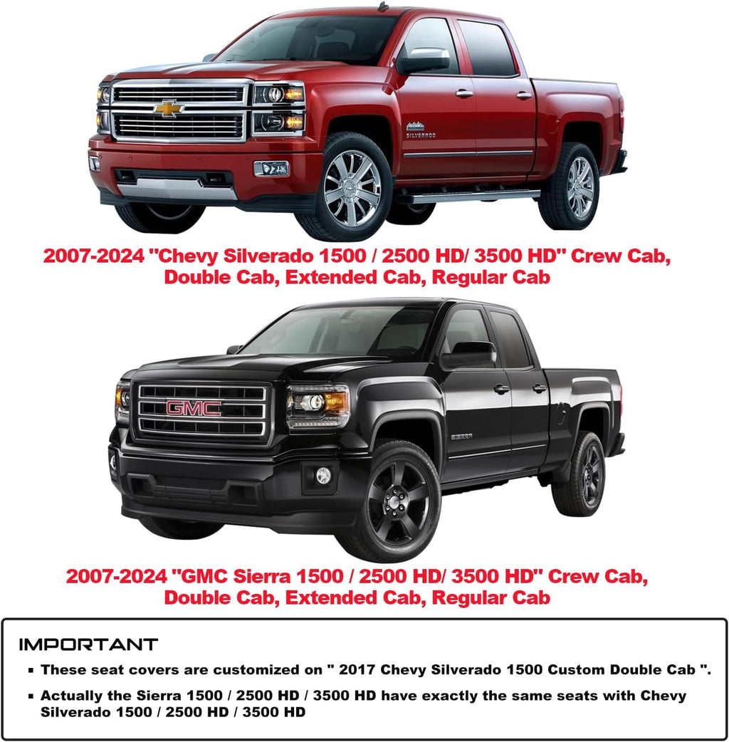 Aierxuan Chevy Silverado GMC Sierra Car Seat Covers Pickup Trail Boss Z71 Custom Fit 2007-2024 1500 2500HD 3500HD Crew Double Extended Cab Waterproof Leather Cushions (2 PCS Front, Black-Blue)