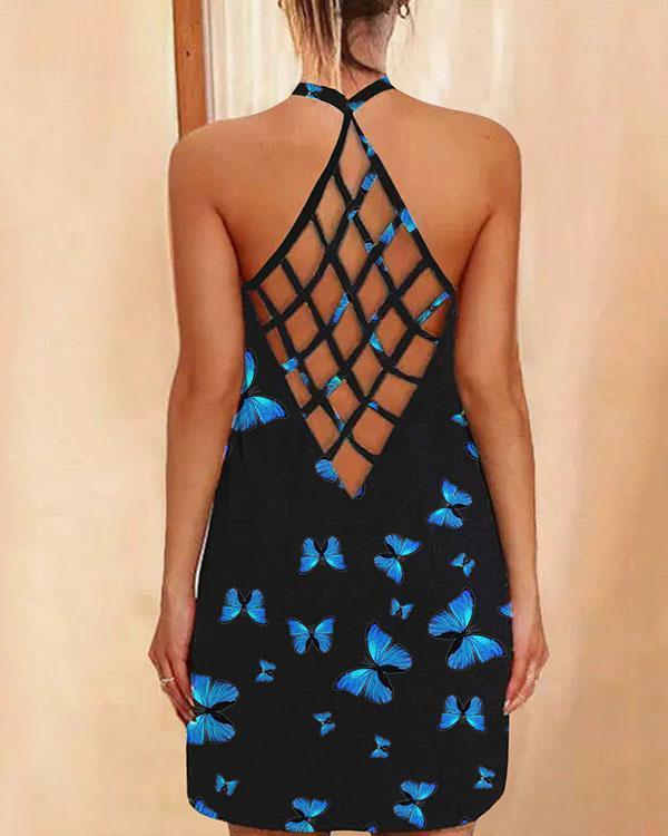 halter neck reticulated back design butterfly mini dress