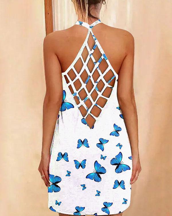 halter neck reticulated back design butterfly mini dress