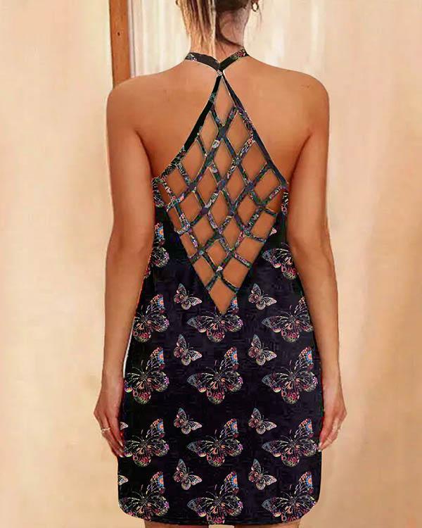 halter neck reticulated back design butterfly mini dress