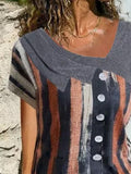 V-neck Contrast Stripe Print Short-sleeved T-shirt