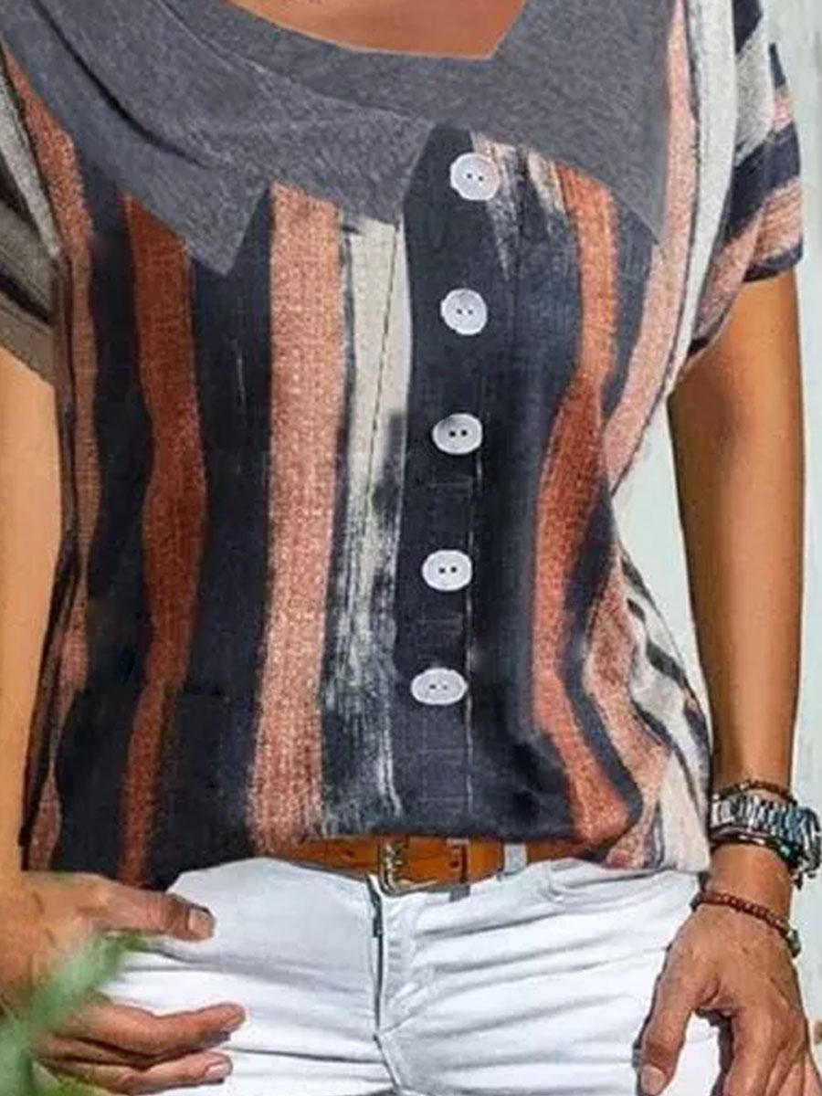 V-neck Contrast Stripe Print Short-sleeved T-shirt