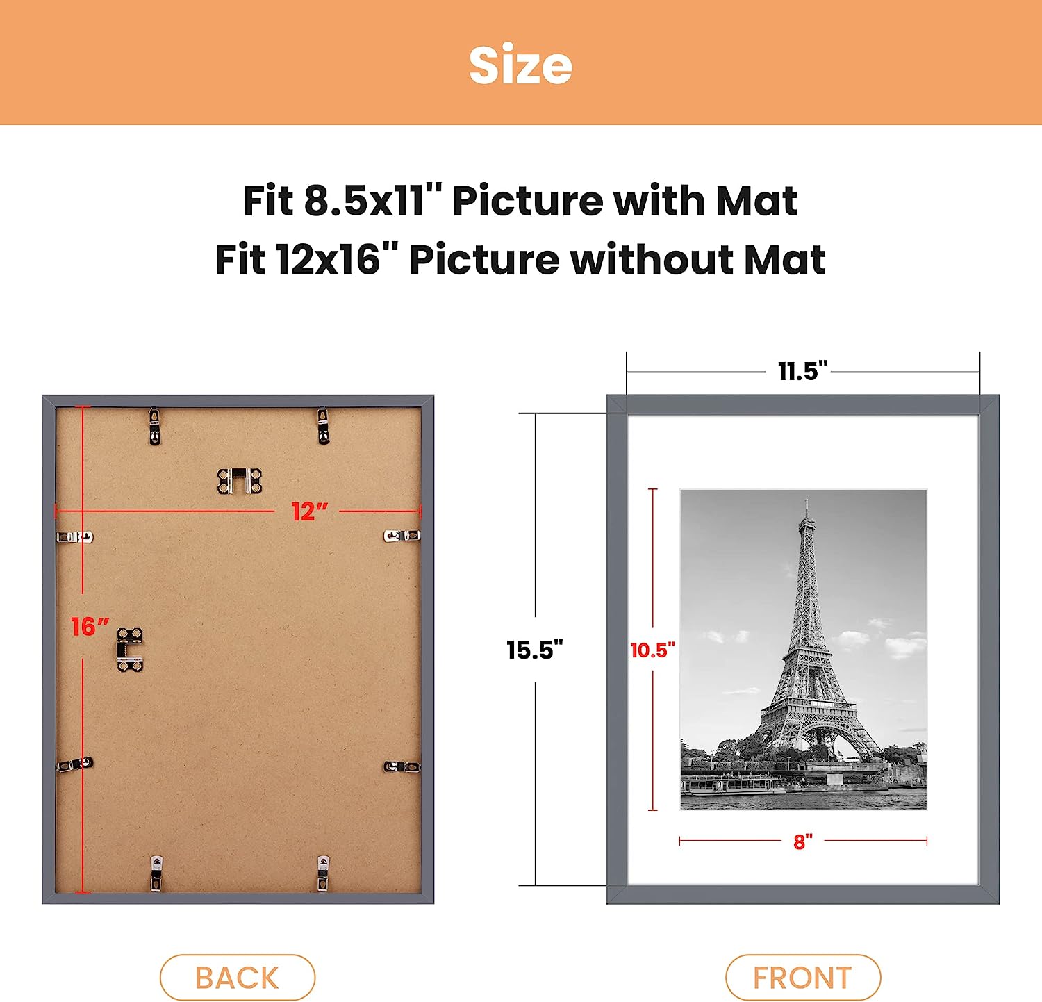 upsimples 12x16 Picture Frame Set of 5, Display Pictures 8.5x11 with Mat or 12x16 Without Mat, Wall Gallery Photo Frames, Dark Gray