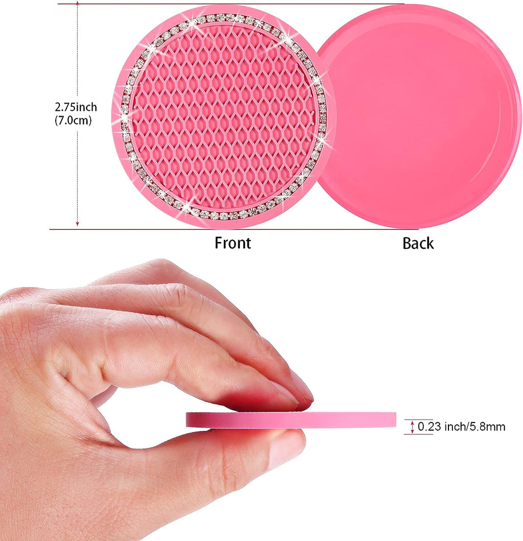 2PCS Bling Car Cup Coaster, 2.75 Inch Auto Car Cup Holder Insert Coasters Silicone Anti-Slip Crystal Rhinestone Drink Car Cup Mat, Universal Vehicle Interior Accessories for Women Girls (Pink)