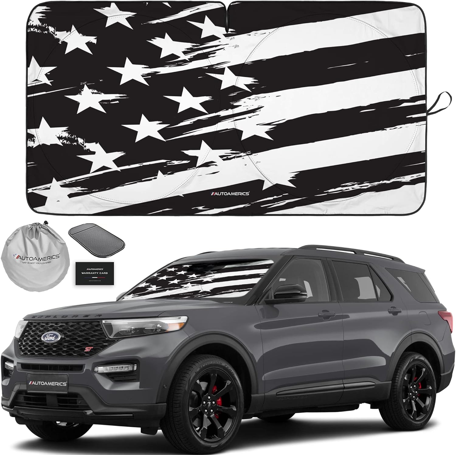 Autoamerics 1-Piece Windshield Sun Shade B&amp;W Art American Flag USA  - Foldable Car Front Window Sunshade for Most Sedans SUV Truck - Blocks Max UV Rays and Keeps Your Vehicle Cool - Medium