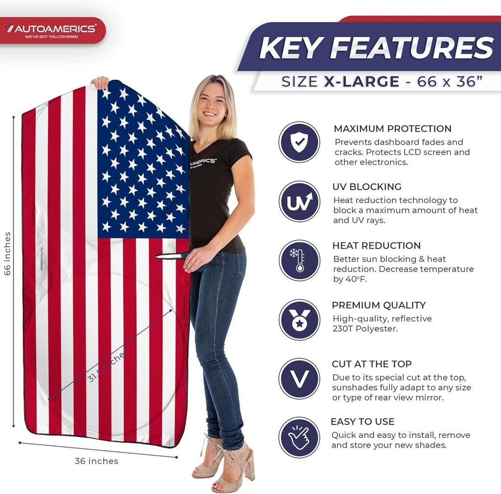 Autoamerics 1-Piece Windshield Sun Shade Original American Flag USA Patriotic  - Foldable Car Front Window Sunshade for Sedans SUV Truck - Blocks Max UV Rays and Keeps Your Vehicle Cool X-Large
