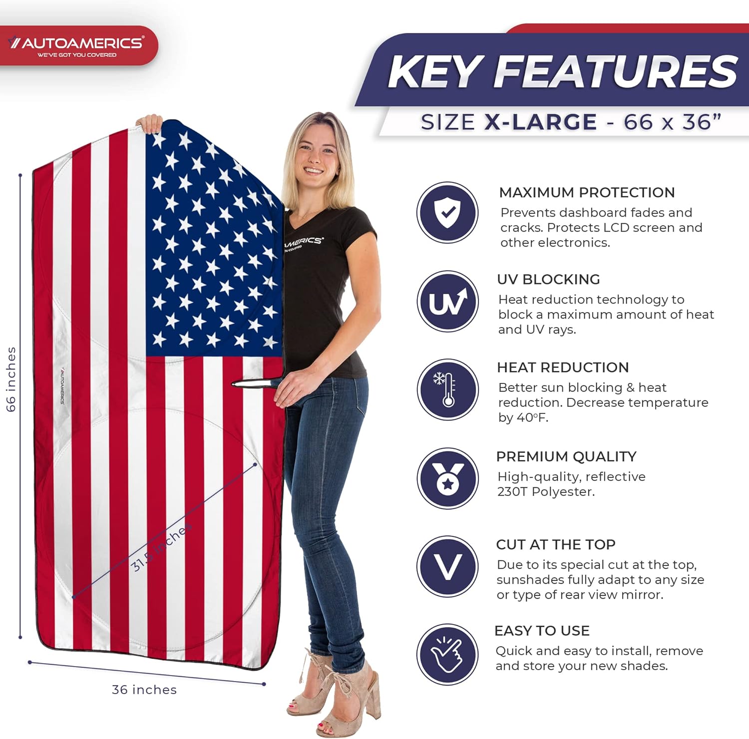 Autoamerics 1-Piece Windshield Sun Shade Original American Flag USA Patriotic  - Foldable Car Front Window Sunshade for Sedans SUV Truck - Blocks Max UV Rays and Keeps Your Vehicle Cool X-Large