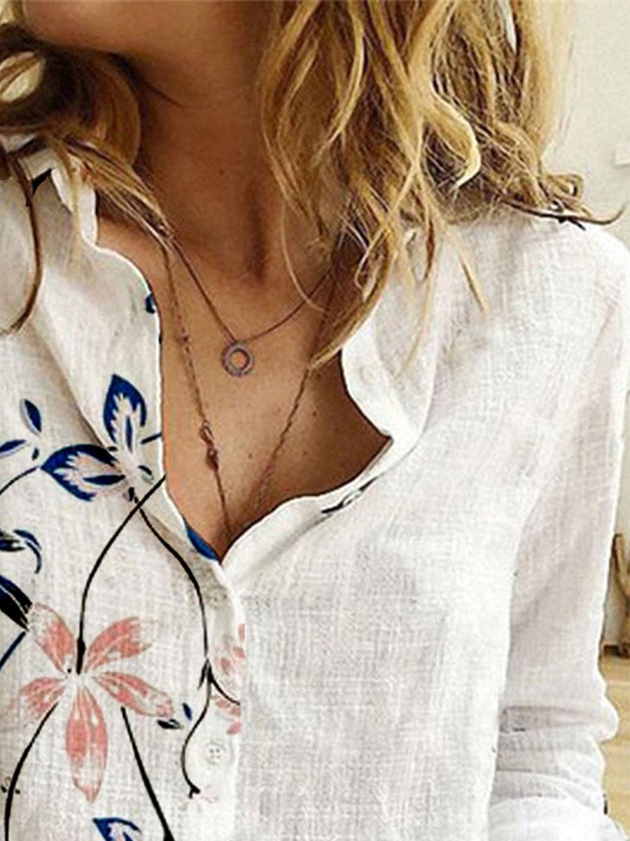 Fashion Flower Print Lapel Long Sleeve Casual Blouse