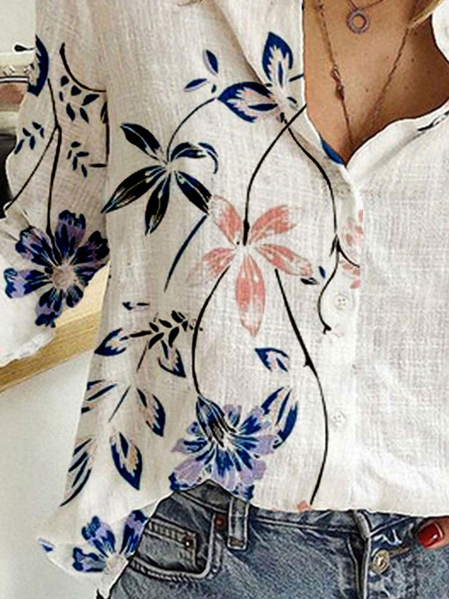 Fashion Flower Print Lapel Long Sleeve Casual Blouse