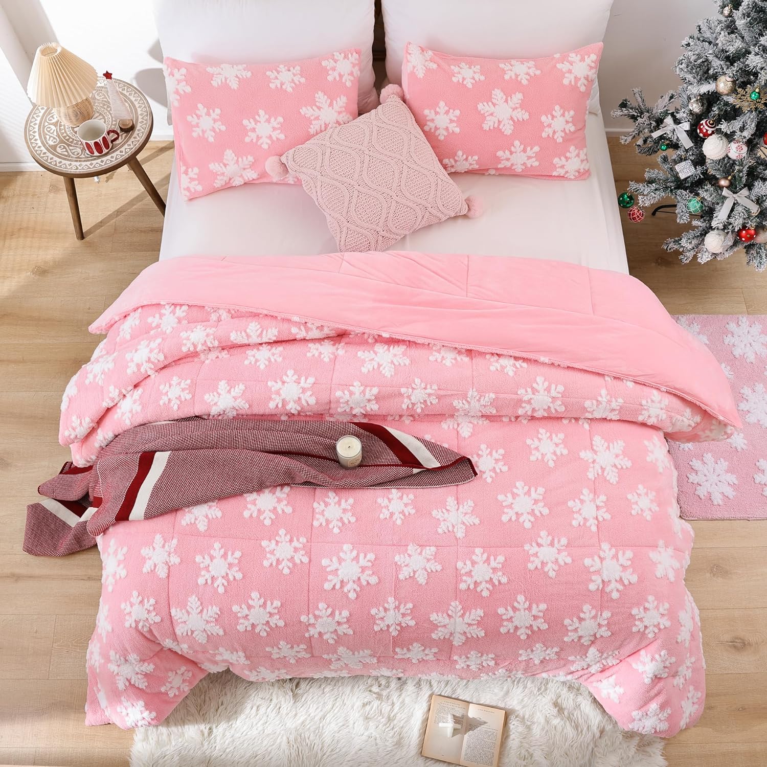 JANZAA Christmas Bedding Duvet Cover Queen Pink Duvet Cover Queen with White Snowflake Stereoscopic 3 Pieces with Zipper Closure 4 Ties Velvet and Soft