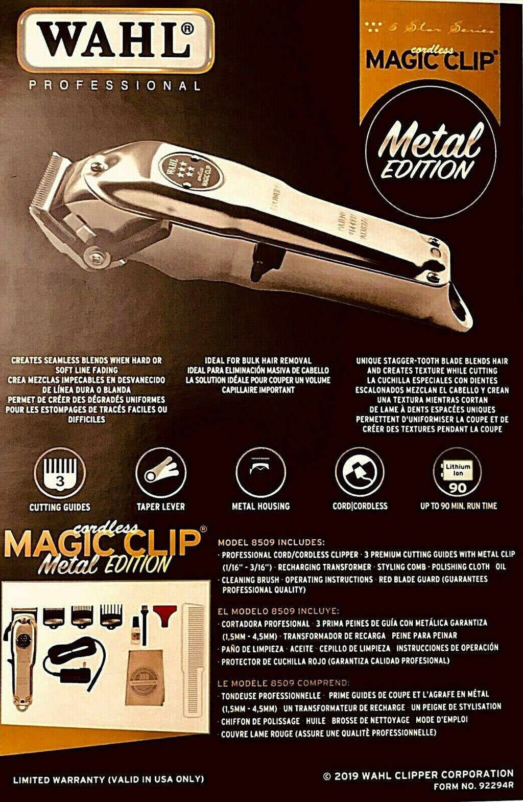 WAHL CORD/CORDLESS  CLIP METAL EDITION 90 MIN RUN TIME # 8509 NEW!