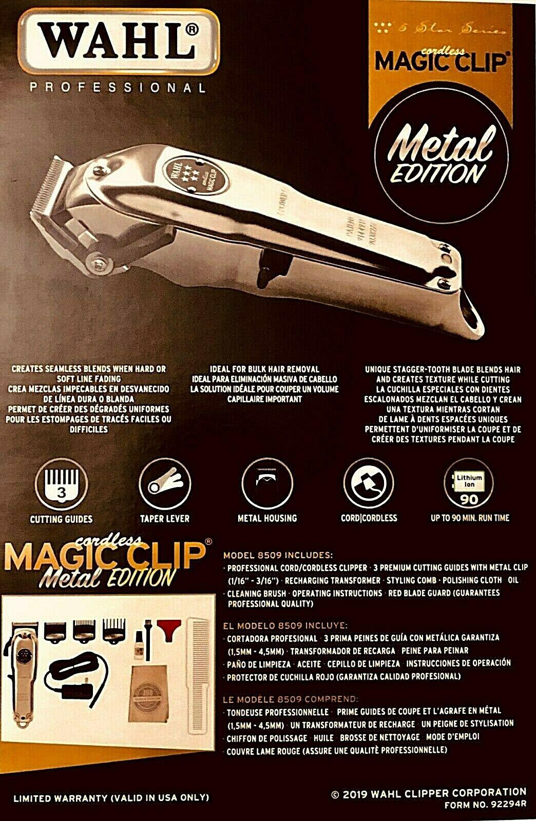 WAHL CORD/CORDLESS  CLIP METAL EDITION 90 MIN RUN TIME # 8509 NEW!