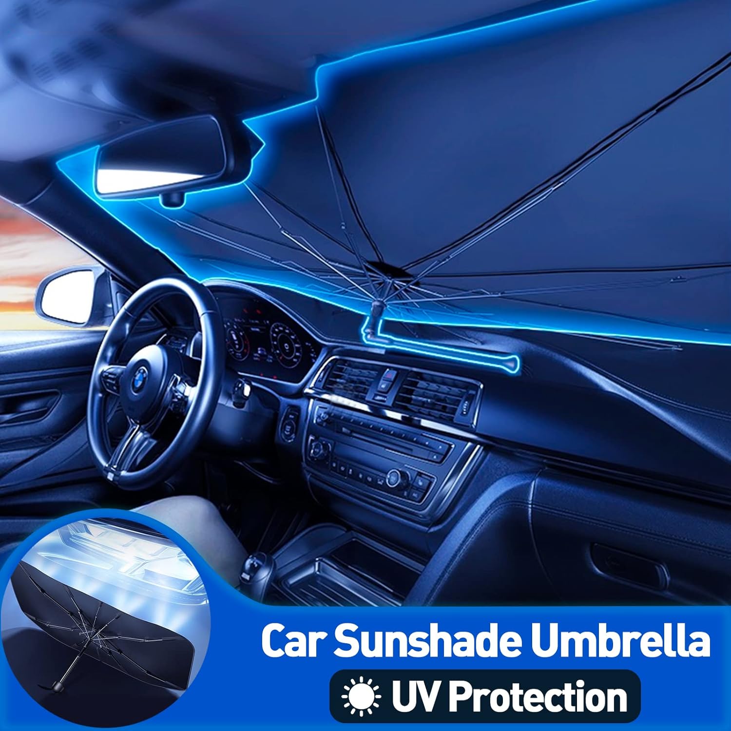 Car Windshield Sun Shade Umbrella, Upgraded Windshield Sunshades with 360° Rotation Bendable Handle, Foldable Automotive Windshield Shades, Full Cover Sun Shade for Most Vehicles