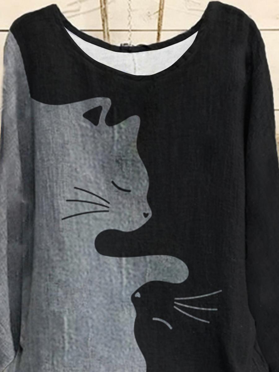 Crew Neck Contrast Color Cat Print Long-sleeved Blouse