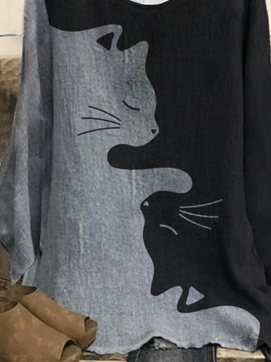 Crew Neck Contrast Color Cat Print Long-sleeved Blouse