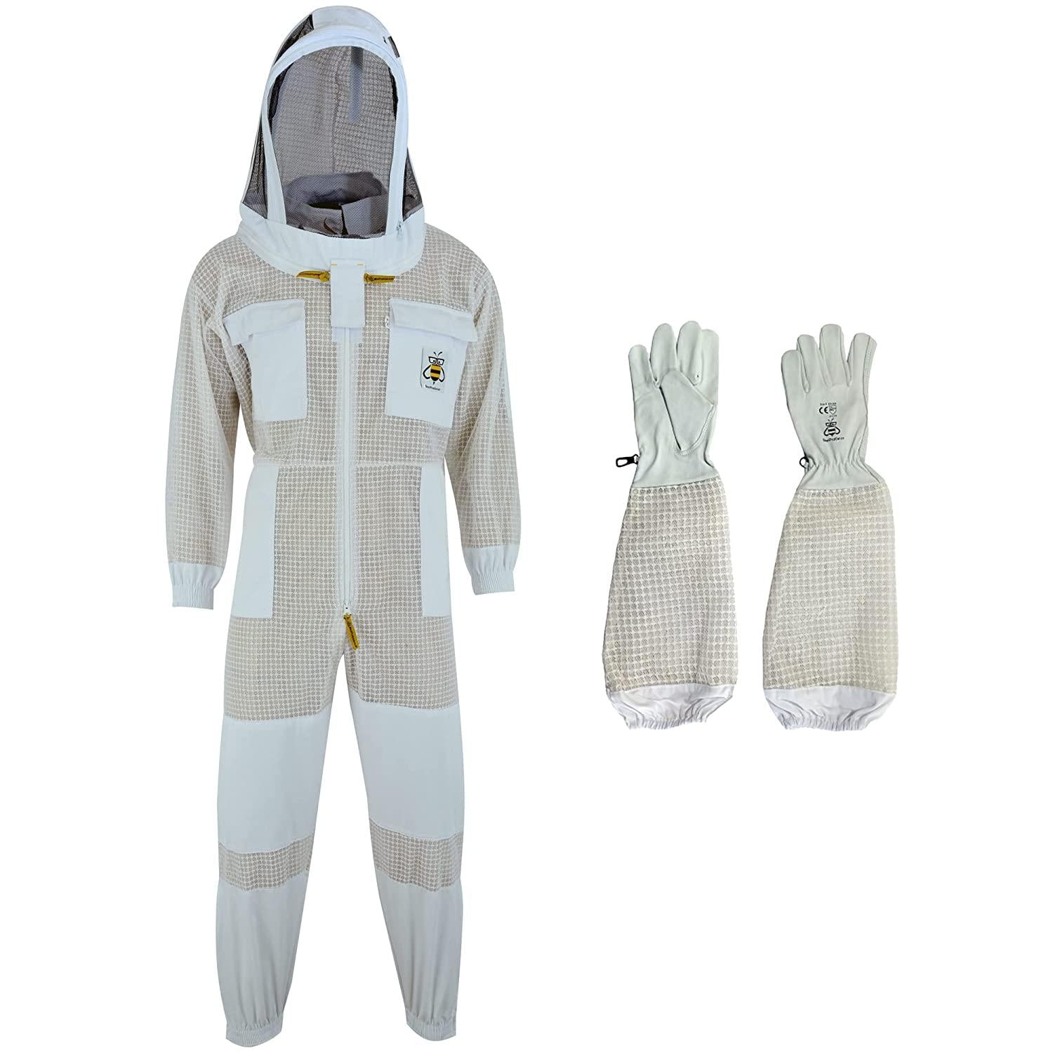 BeeProGear Ventilated Bee Suit for Men - 3X Ultra Protective Layer Beekeeping Suit - Premium White Fabric Mesh Bee Keepers Suite - Professional Bee Suit for Women with Fencing Veil (L)
