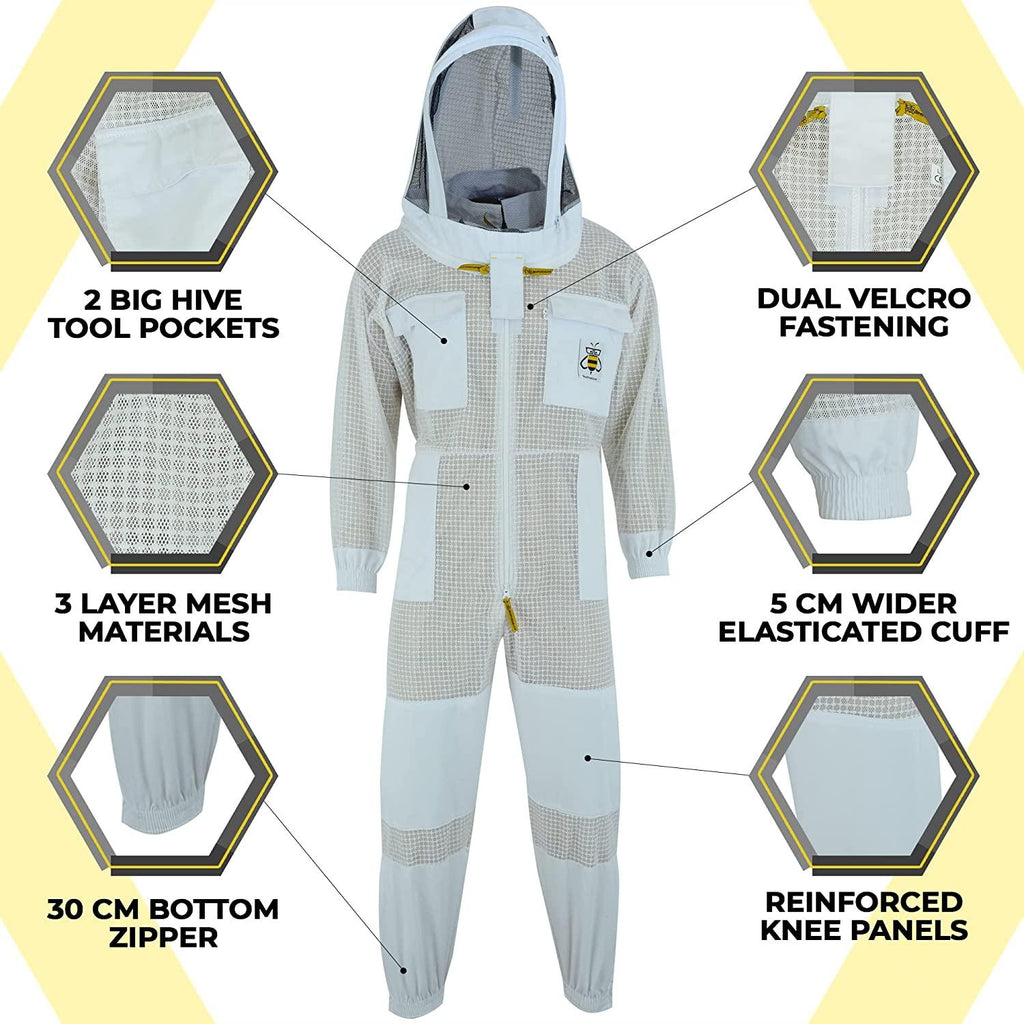BeeProGear Ventilated Bee Suit for Men - 3X Ultra Protective Layer Beekeeping Suit - Premium White Fabric Mesh Bee Keepers Suite - Professional Bee Suit for Women with Fencing Veil (L)