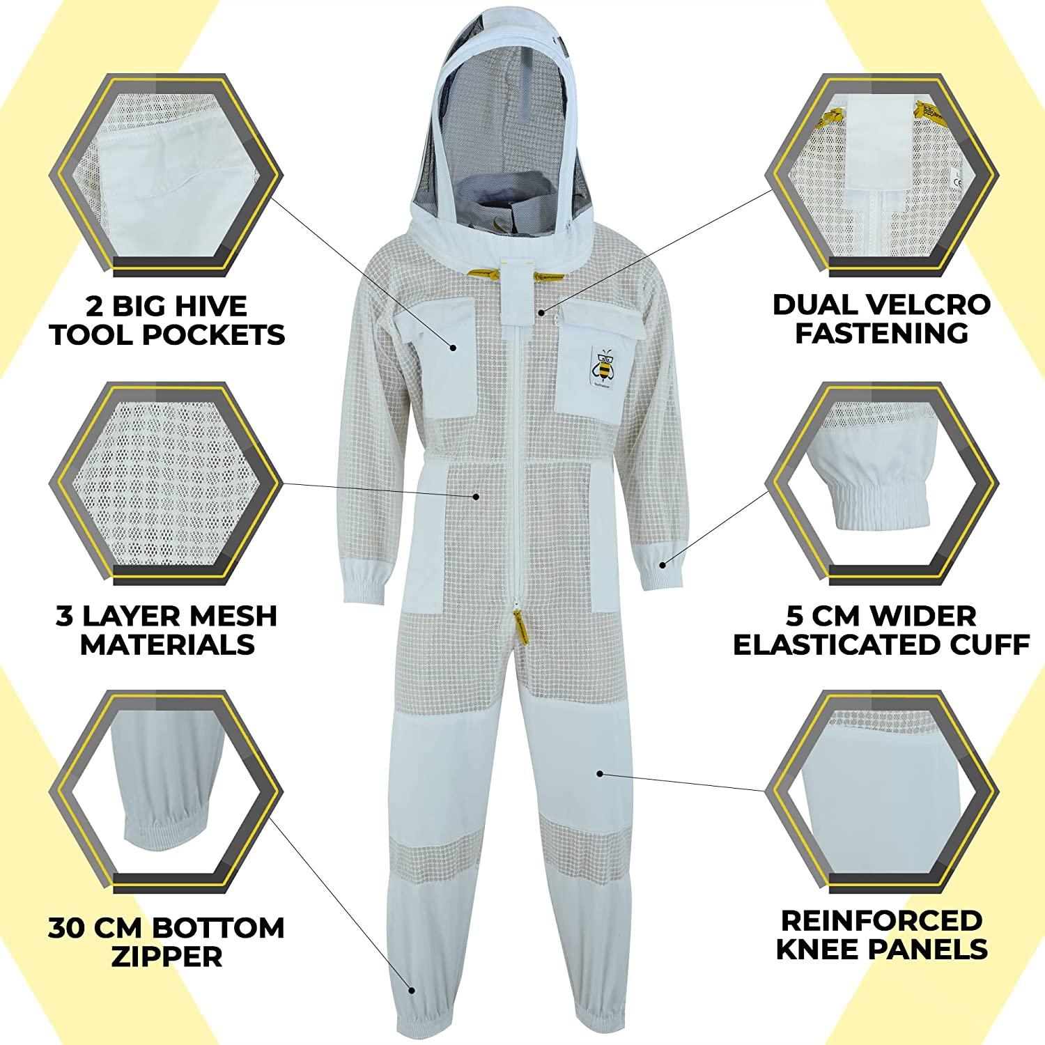 BeeProGear Ventilated Bee Suit for Men - 3X Ultra Protective Layer Beekeeping Suit - Premium White Fabric Mesh Bee Keepers Suite - Professional Bee Suit for Women with Fencing Veil (L)