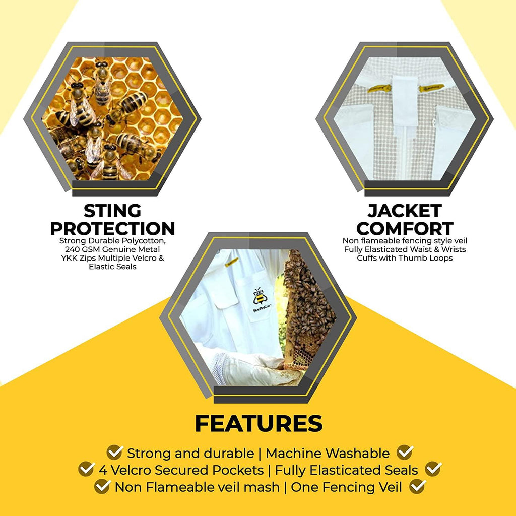 BeeProGear Ventilated Bee Suit for Men - 3X Ultra Protective Layer Beekeeping Suit - Premium White Fabric Mesh Bee Keepers Suite - Professional Bee Suit for Women with Fencing Veil (L)